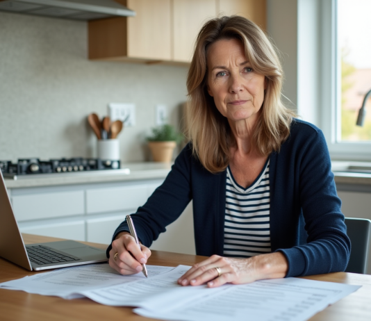 Femme d'âge moyen lisant documents d'impôts dans la cuisine