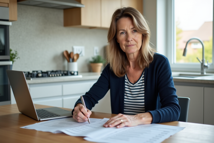 femme-lecture-papier-impots Femme d'âge moyen lisant documents d'impôts dans la cuisine