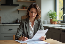 Femme lisant des documents de pret immobilier à la maison