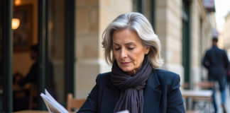 Florence Kieffer, informations publiques autour de l’ex-compagne de Laurent Delahousse Femme lisant un journal dans un café parisien authentique