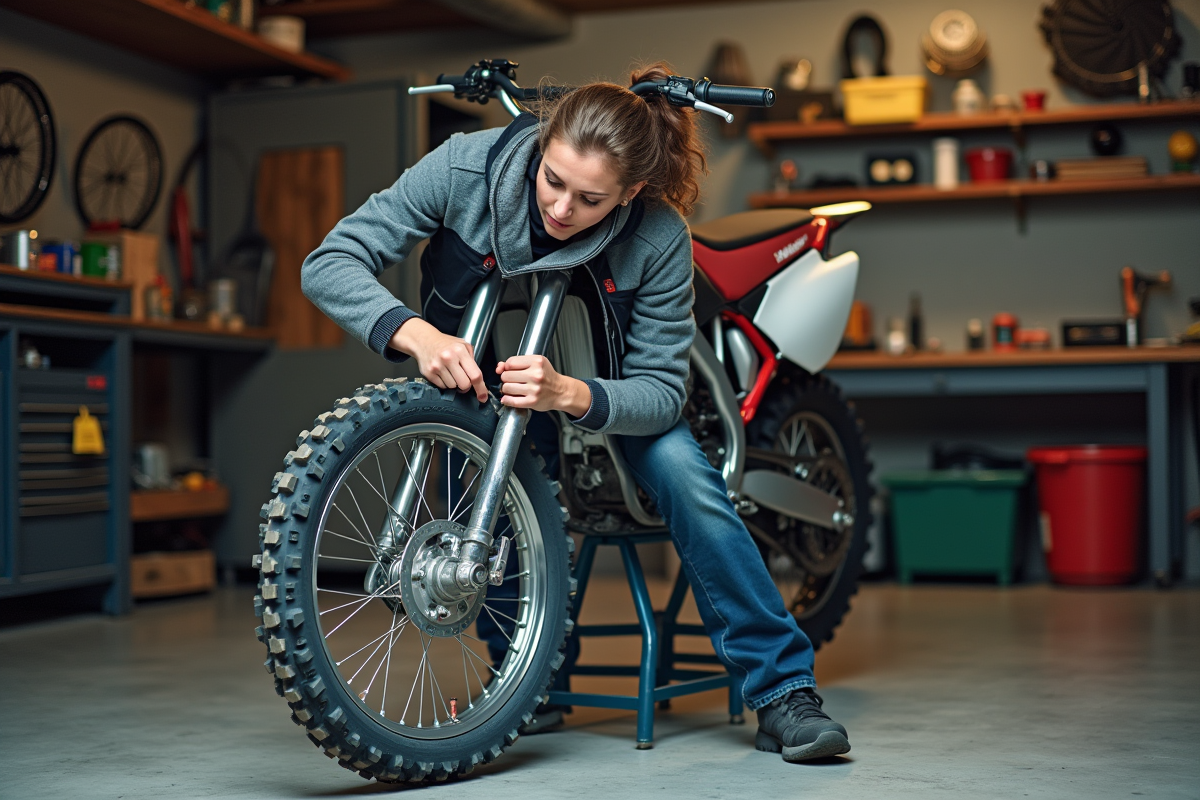 Femme entretenant une moto dans un garage organisé