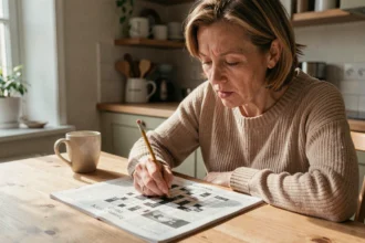 Femme concentrée résolvant des mots croisés dans un journal posé sur une table en bois, crayon à la main