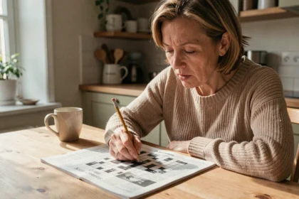 Femme concentrée résolvant des mots croisés dans un journal posé sur une table en bois, crayon à la main