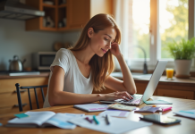 Jeune femme utilisant un ordinateur pour gérer ses finances à la maison