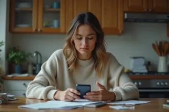 Femme au smartphone dans une cuisine domestique
