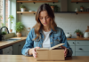 Acheter des colis perdus : est-ce une bonne idée ? Femme en denim ouvre un colis dans la cuisine quotidienne