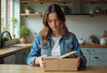 Femme en denim ouvre un colis dans la cuisine quotidienne