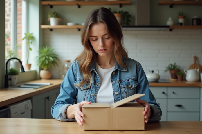 Femme en denim ouvre un colis dans la cuisine quotidienne