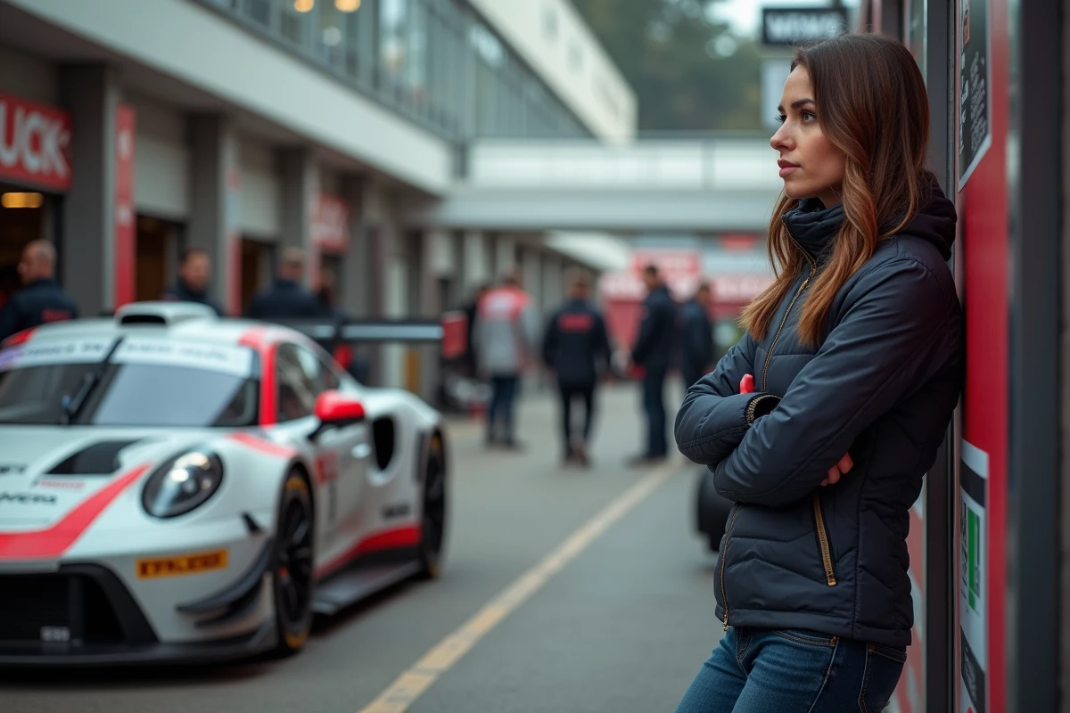 Jeune femme dans un paddock de rallye automobile, évoquant l'univers sportif de Sébastien Loeb et Laurène Godey