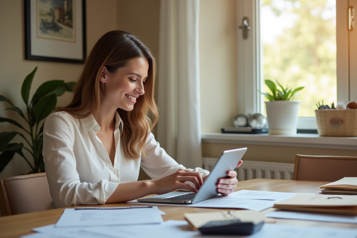 Femme préparant ses impôts avec documents et tablette à la maison