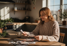 Noël : comment choisir les photos pour son album photo en ligne ? Femme en pull de laine choisissant des photos de Noël