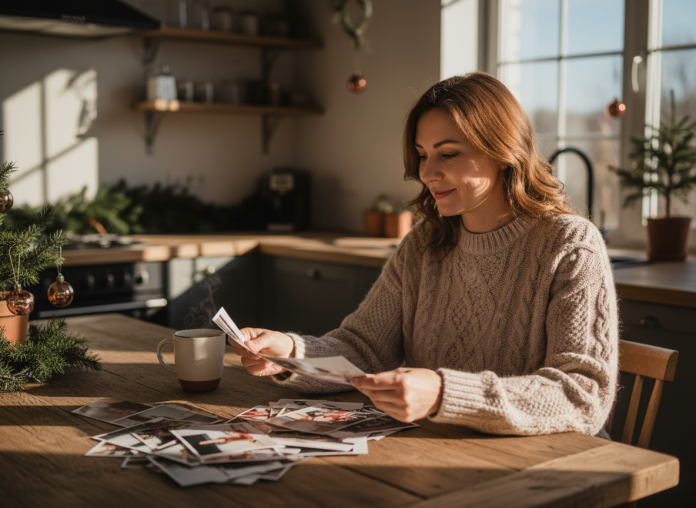 femme-photo-noel-salle-cosy Femme en pull de laine choisissant des photos de Noël