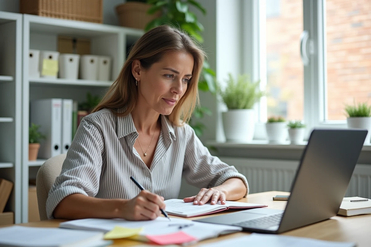 Une femme consultant une plateforme de troc de compétences depuis son bureau à domicile, représentant l'utilisation de Tovaraf au quotidien
