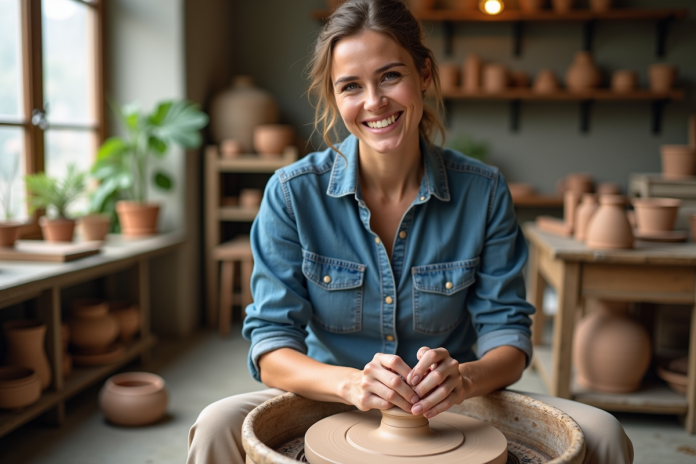 femme-poterie-atelier Femme souriante façonnant de l'argile dans un atelier de poterie