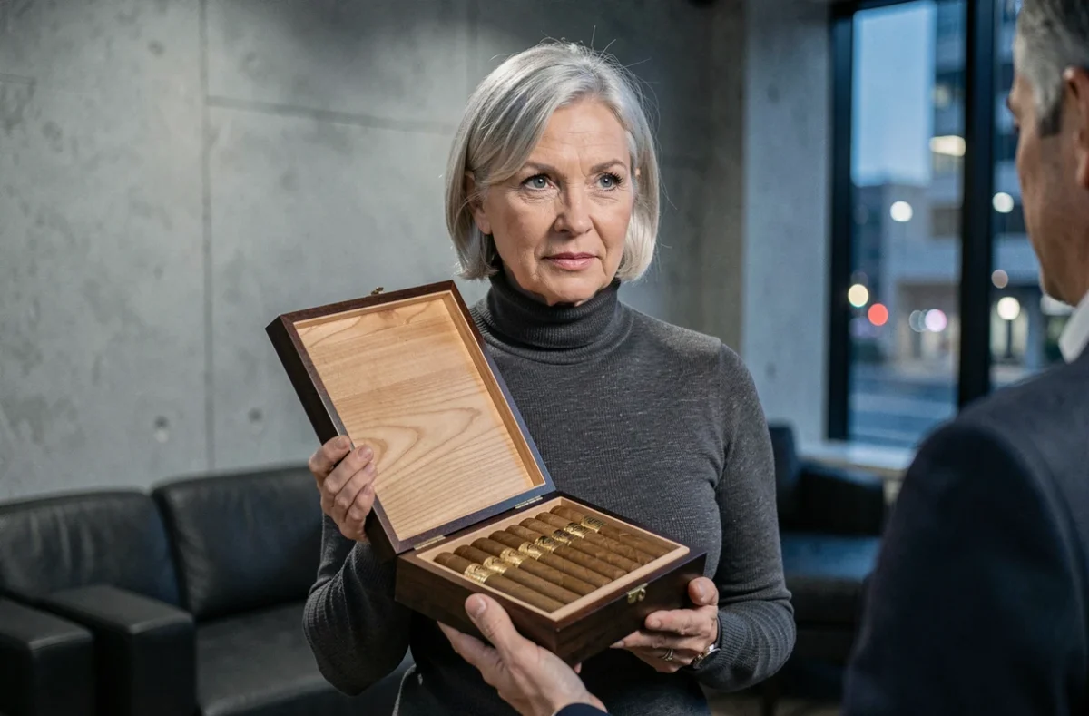 Femme élégante présentant une boîte de cigares de luxe ouverte dans un salon contemporain haut de gamme