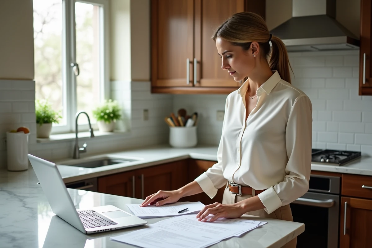 Femme en cuisine examinant ses formulaires fiscaux