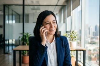 Femme d'affaires en blazer parlant au téléphone dans un bureau lumineux