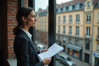 Femme en costume regardant par la fenêtre d'un appartement moderne