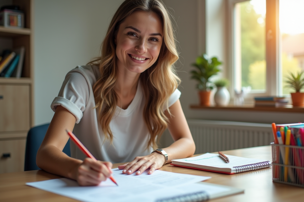 Femme confiante remplissant un formulaire ATSEM à un bureau ensoleille