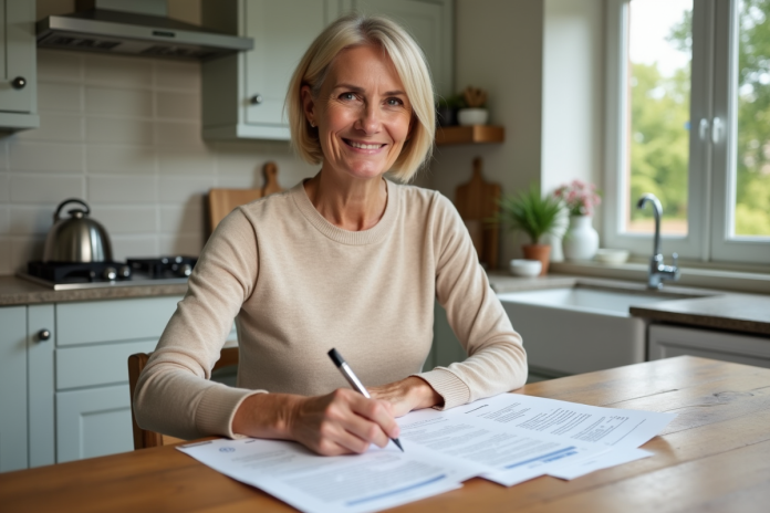 Femme élégante signant des documents dans une cuisine moderne