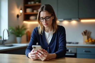 Femme en cuisine utilisant un smartphone pour signaler un problème