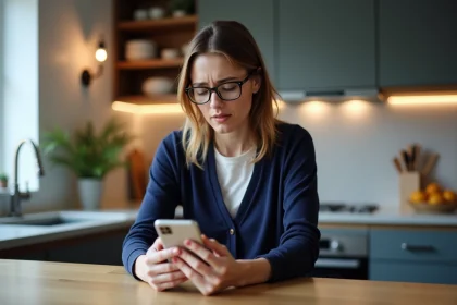 Femme en cuisine utilisant un smartphone pour signaler un problème