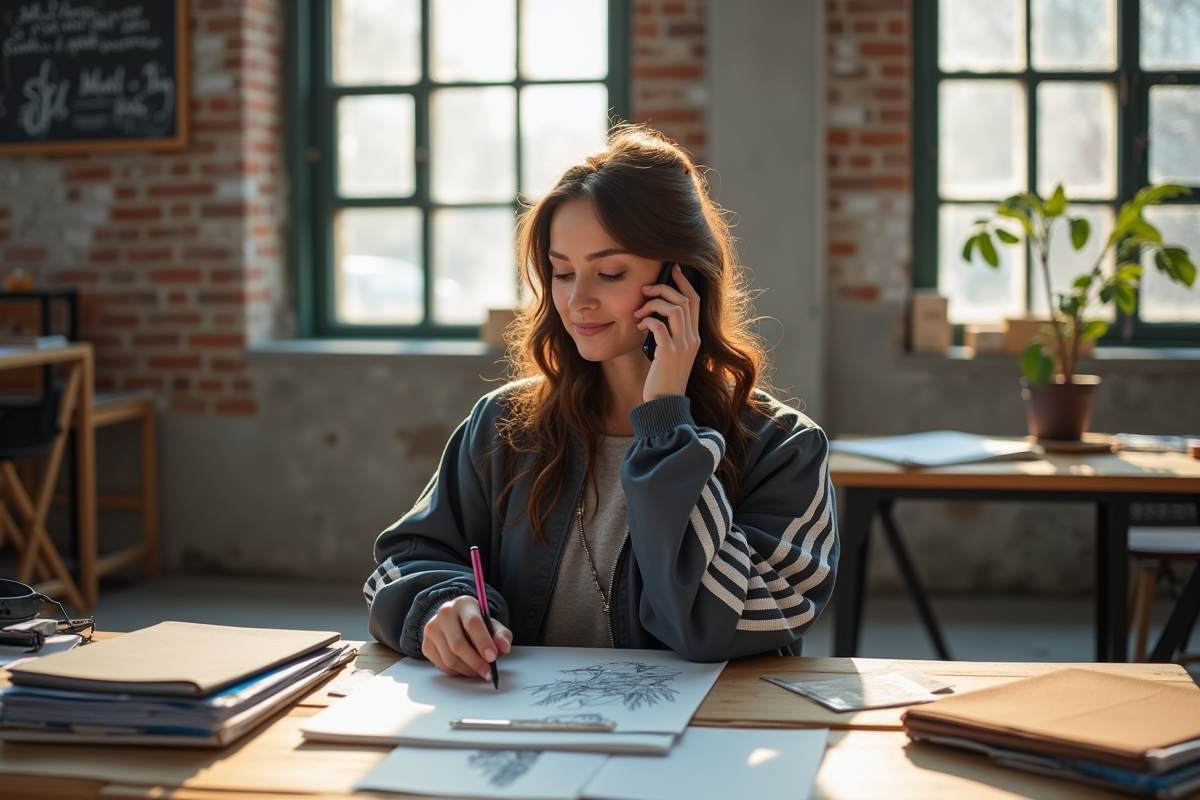 Jeune femme créative dans un loft avec sketchbooks