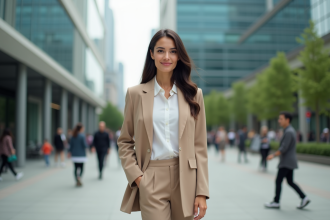 Femme confiante en costume beige dans une ville animée