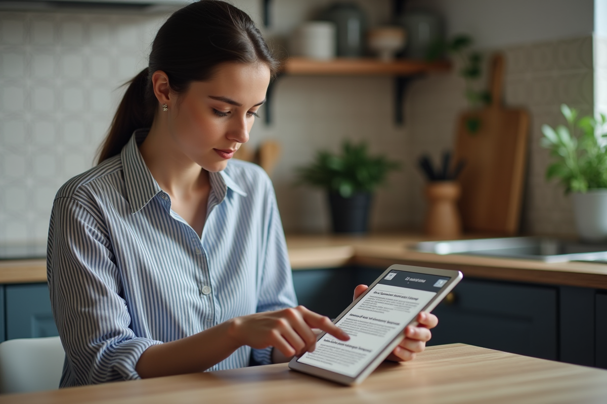 Jeune femme utilisant une tablette dans une cuisine moderne
