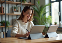 Choisir la meilleure tablette Windows avec clavier : critères et options à considérer Jeune femme compare deux tablettes Windows en home office