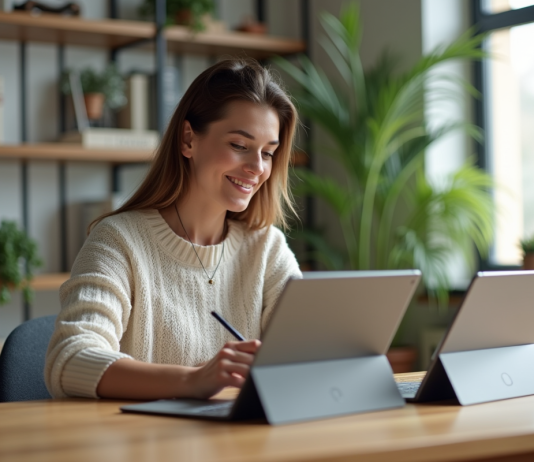 Choisir la meilleure tablette Windows avec clavier : critères et options à considérer Jeune femme compare deux tablettes Windows en home office