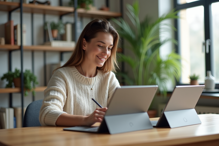 femme-tablette-windows Jeune femme compare deux tablettes Windows en home office