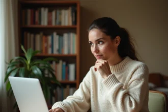 Femme réfléchissant aux résultats d'un test de personnalité archange sur un ordinateur portable