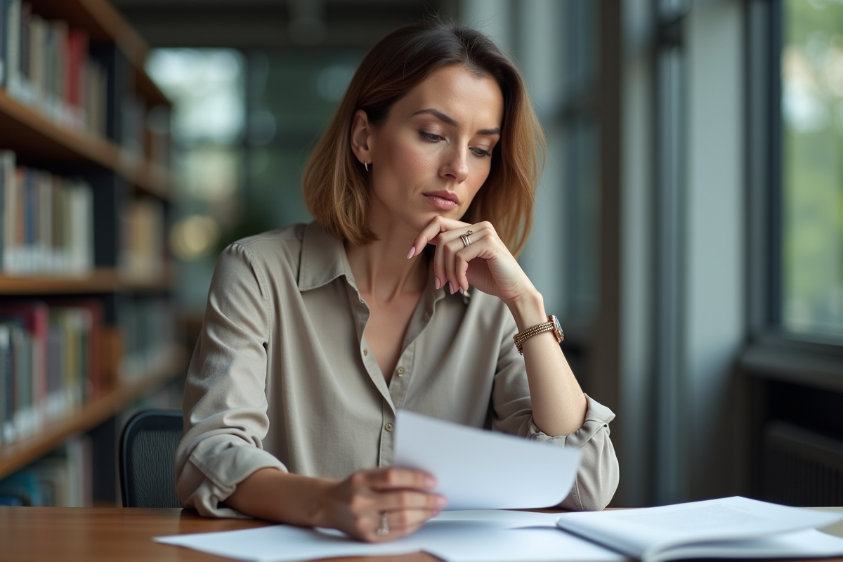 Femme professionnelle examinant des documents dans une bibliothèque