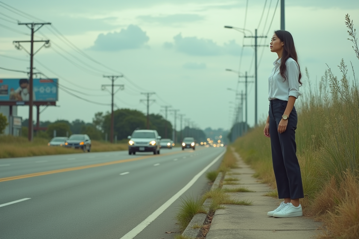 Jeune femme contemplant la frontière urbaine