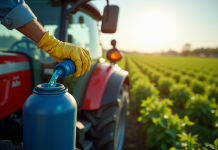 Fermier versant de l'adblue dans un réservoir sur un tracteur moderne