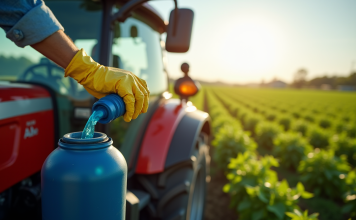 Fermier versant de l'adblue dans un réservoir sur un tracteur moderne