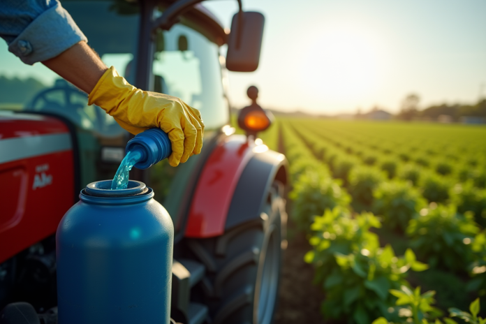 Fermier versant de l'adblue dans un réservoir sur un tracteur moderne