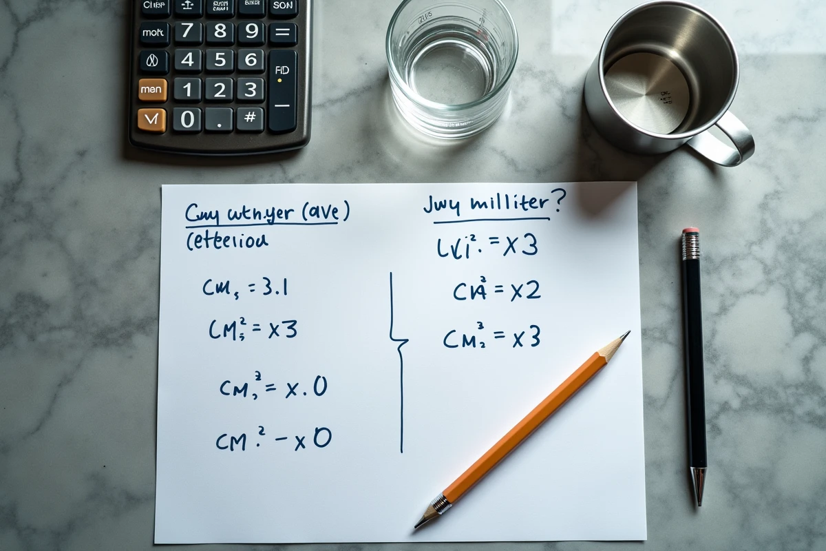 Vue de dessus d'un plan de travail avec calculatrice, verre doseur et fiche de conversion cm3 litres annotée