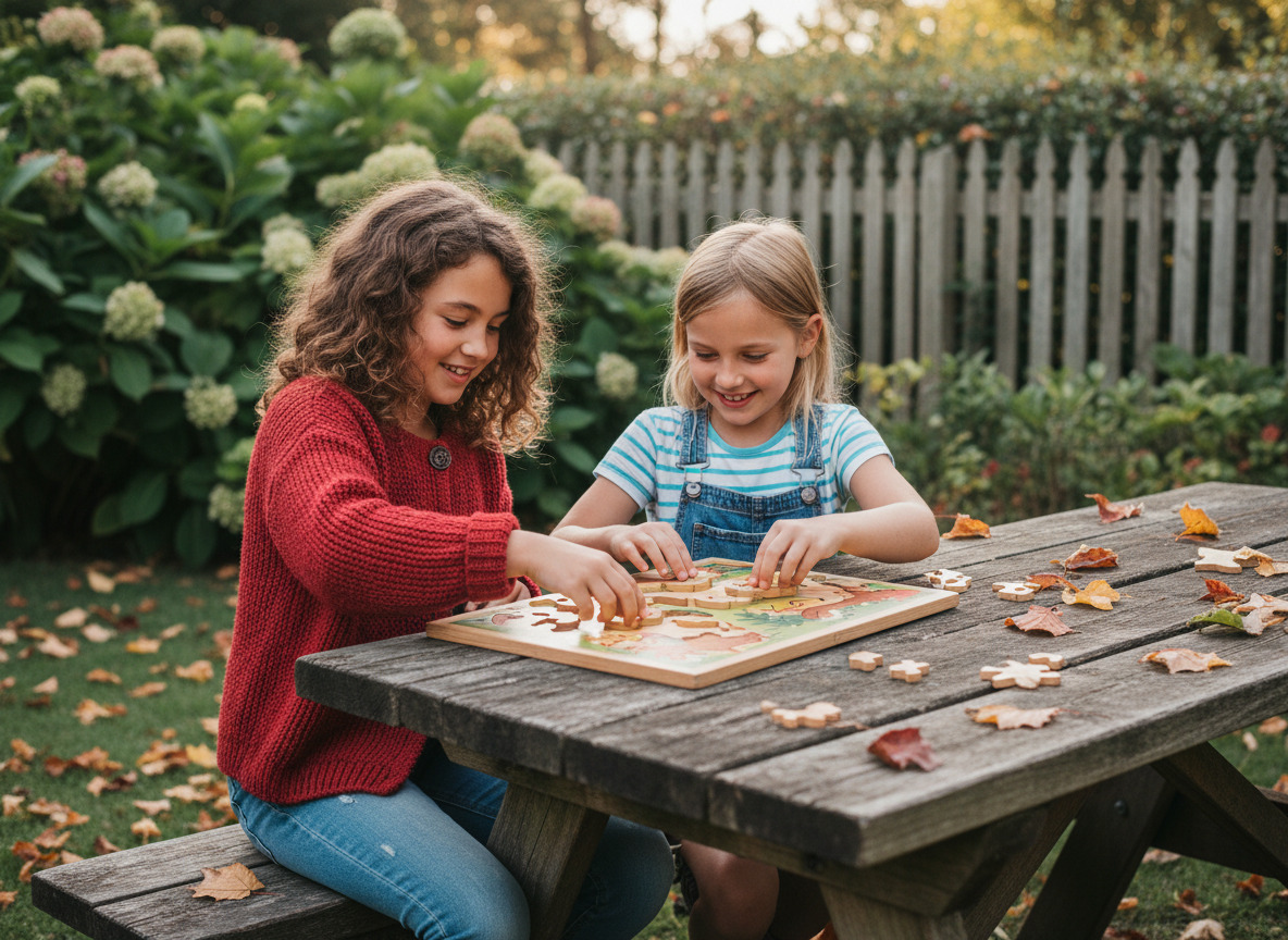 Deux filles résolvant un puzzle en bois dans un jardin en automne