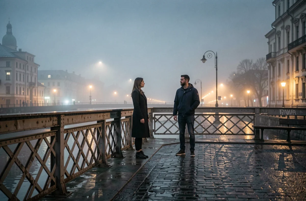 Couple de flammes jumelles séparées sur un pont urbain brumeux, symbolisant les peurs et la distance émotionnelle