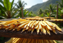 Branche de vanille séchant au soleil dans une plantation mauricienne