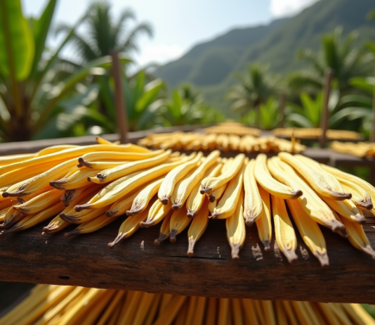 Branche de vanille séchant au soleil dans une plantation mauricienne