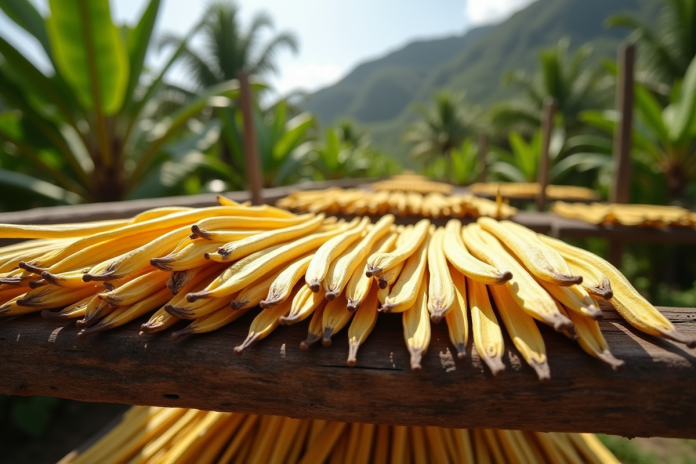 Branche de vanille séchant au soleil dans une plantation mauricienne