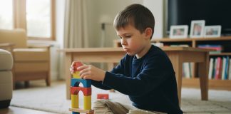 Stimuler la logique des enfants grâce aux jeux en bois traditionnels Jeune garçon concentré jouant avec des blocs en bois dans un salon lumineux