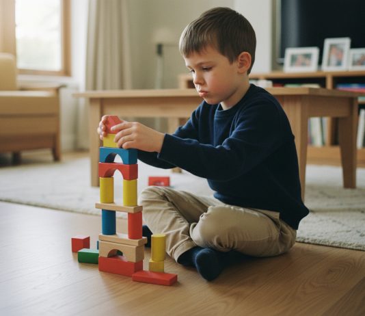 Stimuler la logique des enfants grâce aux jeux en bois traditionnels Jeune garçon concentré jouant avec des blocs en bois dans un salon lumineux