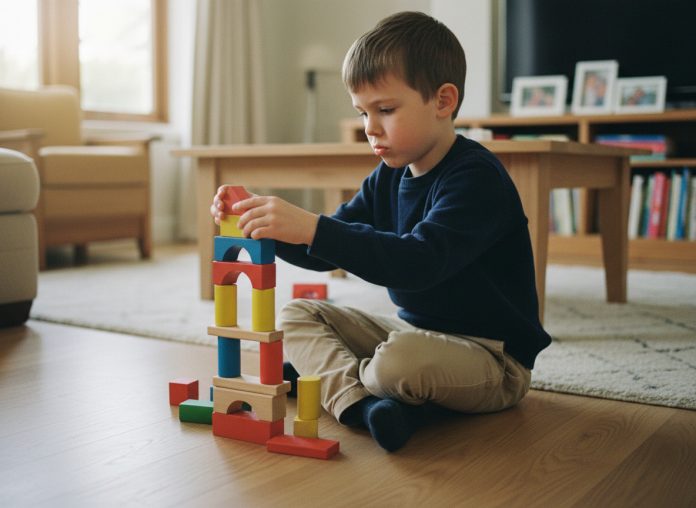 garcon-jeux-de-bois Jeune garçon concentré jouant avec des blocs en bois dans un salon lumineux