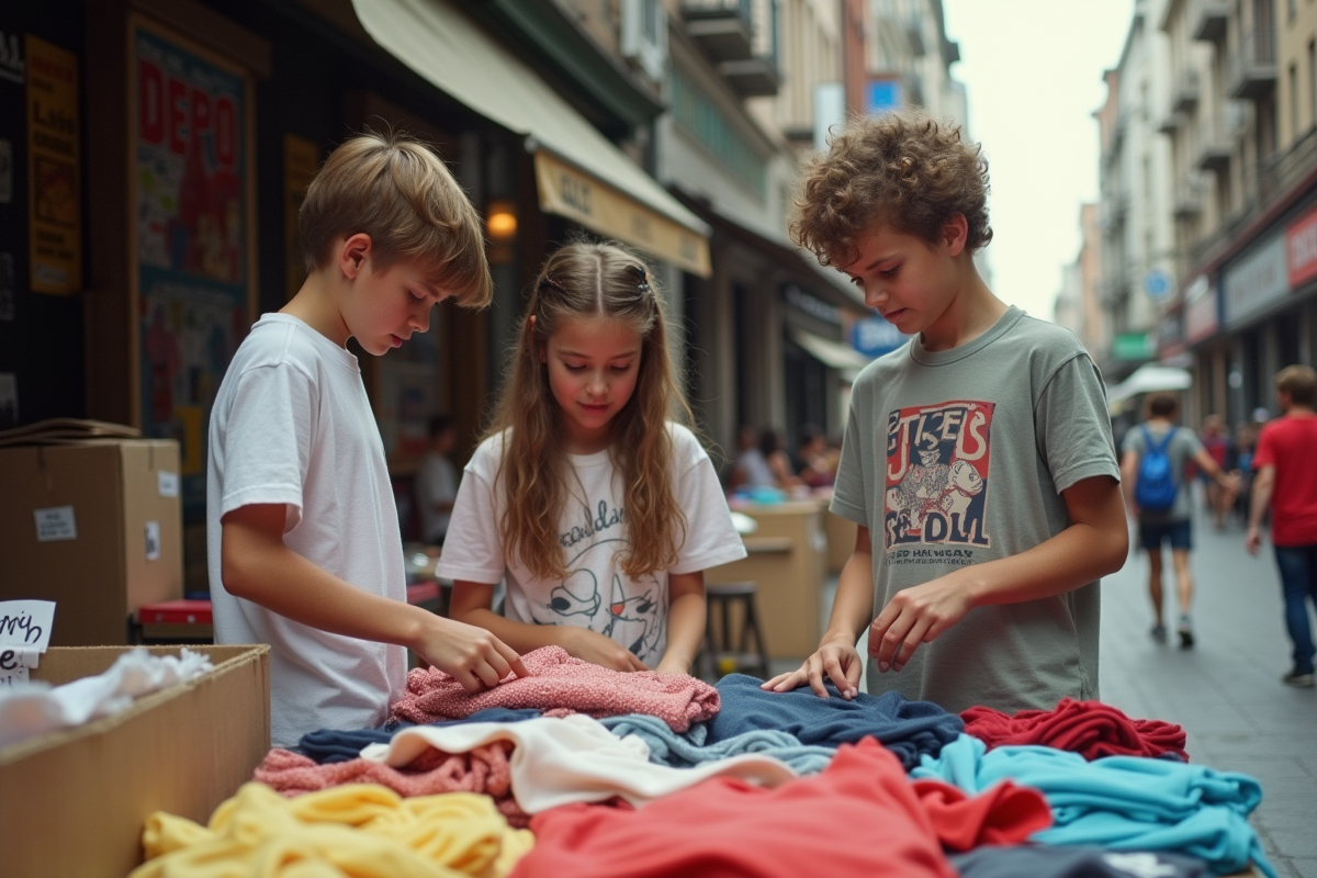 Adolescents triant des T-shirts dans un marché aux puces en plein air