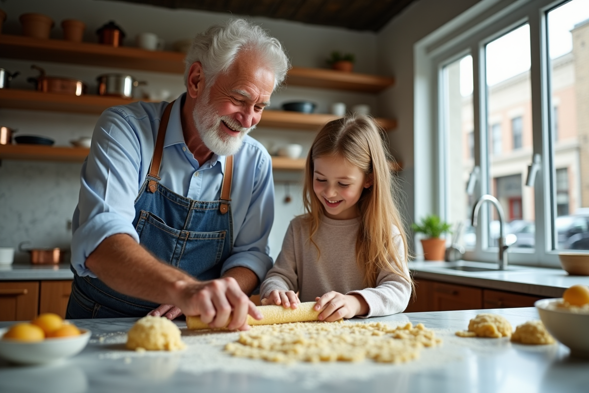 Grand-père et petite fille préparant des pâtes dans une cuisine lumineuse