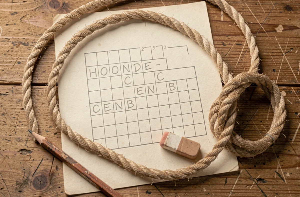 Vue de dessus d'une grille de mots croisés avec une case vide de six lettres entourée d'une corde nautique sur une table en bois